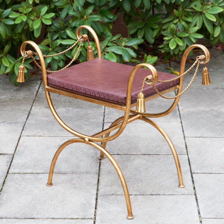 Hollywood Regency Italian Gilt Iron Tassel Chair Piano Stool For Sale