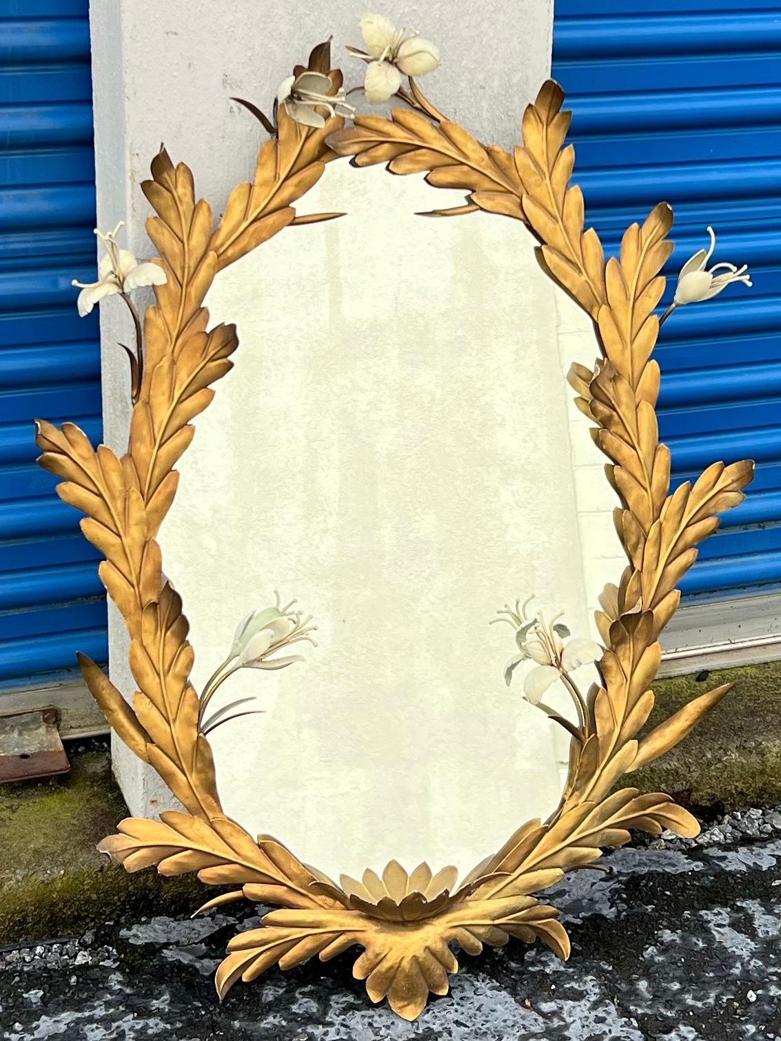 20th Century Hollywood Regency Italian Gilt Metal and Floral Tole Toleware Oval Wall Mirror