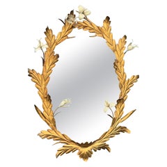 Hollywood Regency Italian Gilt Metal and Floral Tole Toleware Oval Wall Mirror
