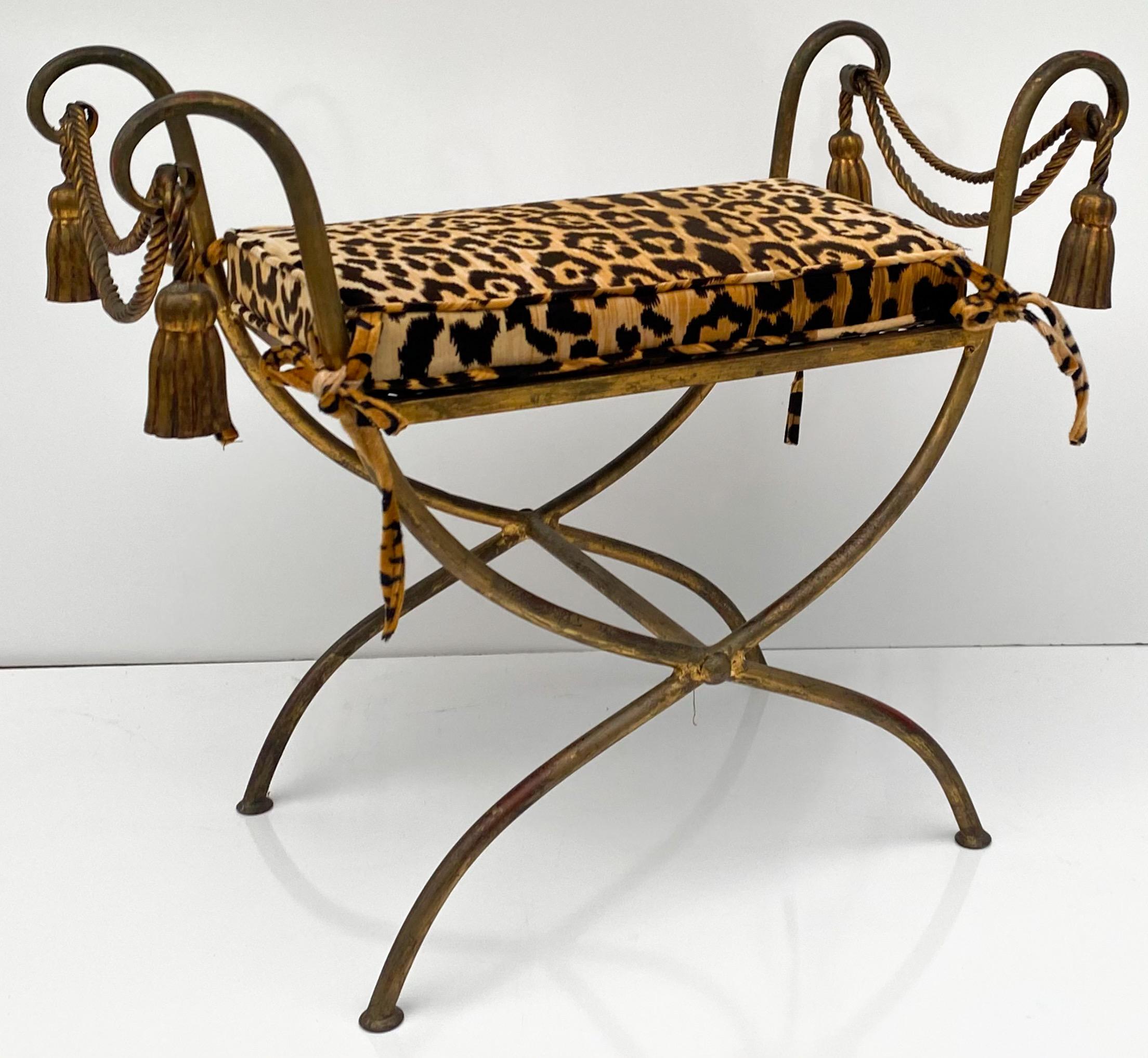 Hollywood Regency Italian Gilt Metal Tassel Bench in Leopard, a Pair In Good Condition For Sale In Kennesaw, GA