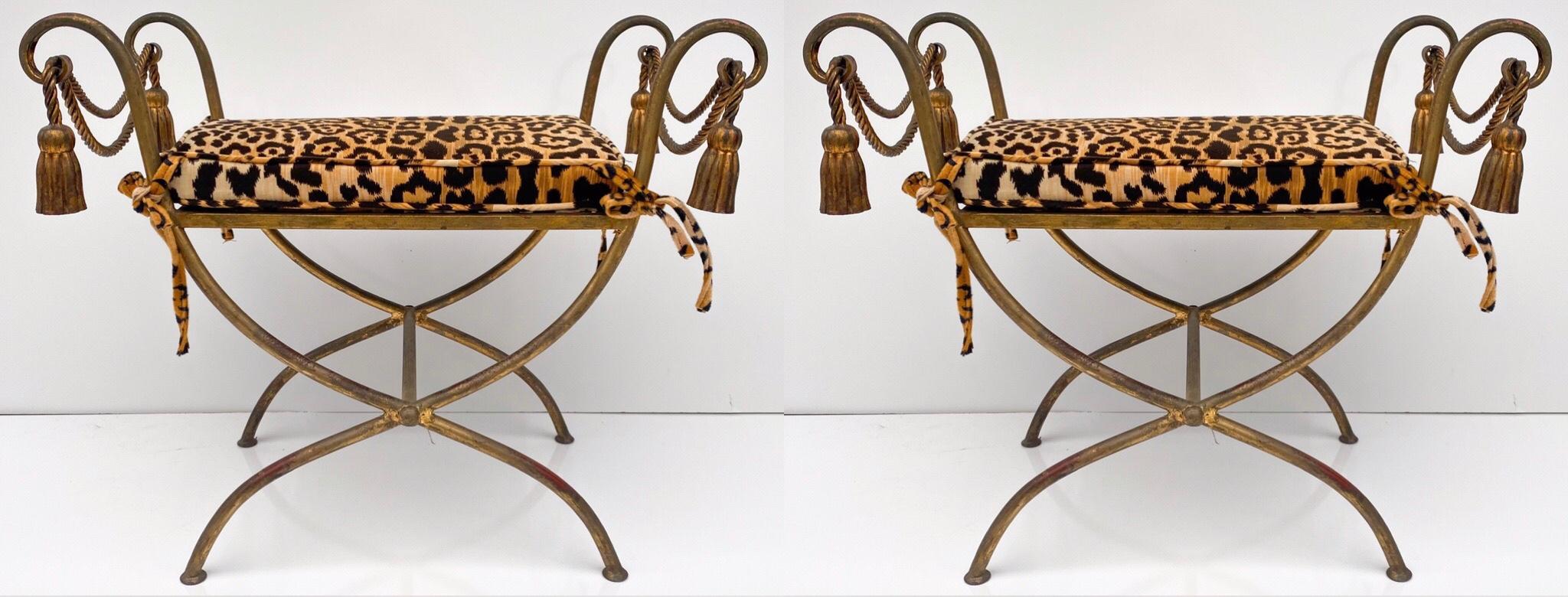 20th Century Hollywood Regency Italian Gilt Metal Tassel Bench in Leopard, a Pair For Sale