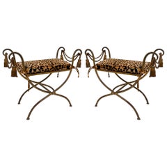 Hollywood Regency Italian Gilt Metal Tassel Bench in Leopard, a Pair
