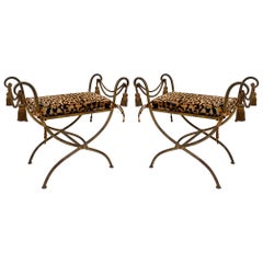 Vintage Hollywood Regency Italian Gilt Metal Tassel Bench in Leopard, a Pair