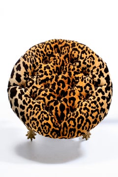 Hollywood Regency Italian Gilt Rope & Tassel Ottoman Stool in Leopard Velvet