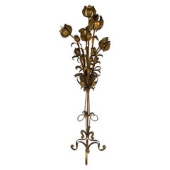 Lampada da terra floreale Hollywood Regency italiana in tole dorate a cinque luci