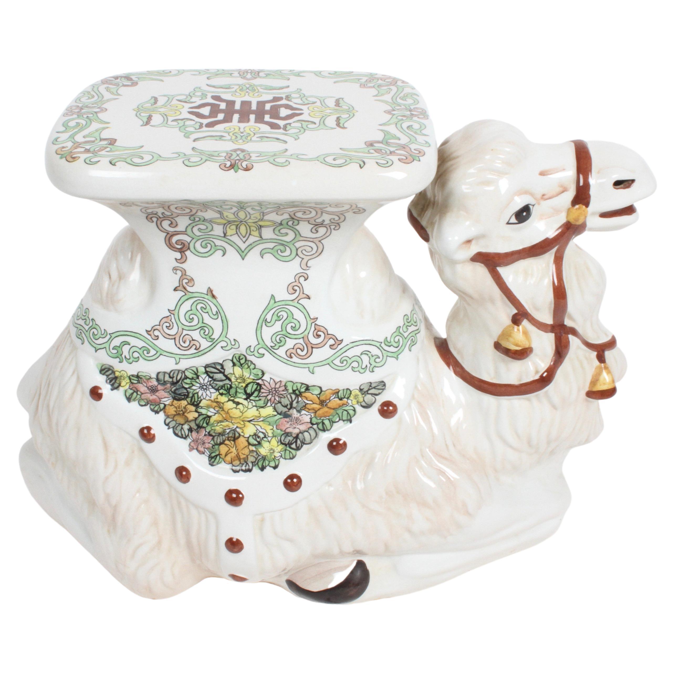 Hollywood Regency Italian Glazed Terracotta Camel Garden Seat or Plant Stand 