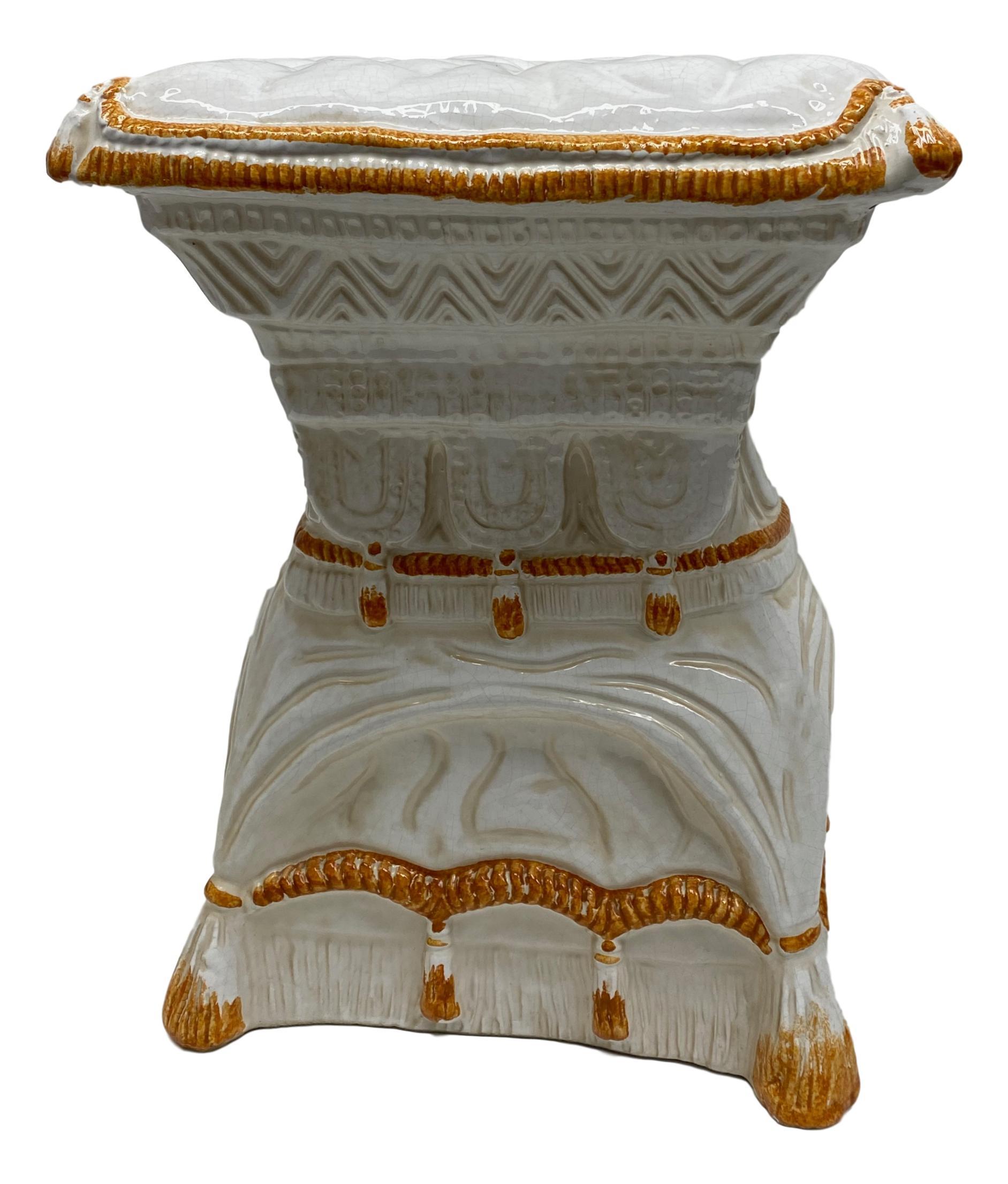 Mid-20th century glazed terracotta garden stool plant stand or seat, flower pot seat or side table. Handmade of  terracotta. Nice addition to your home, patio or garden. This is in used condition, with signs of wear as expected with age and use.