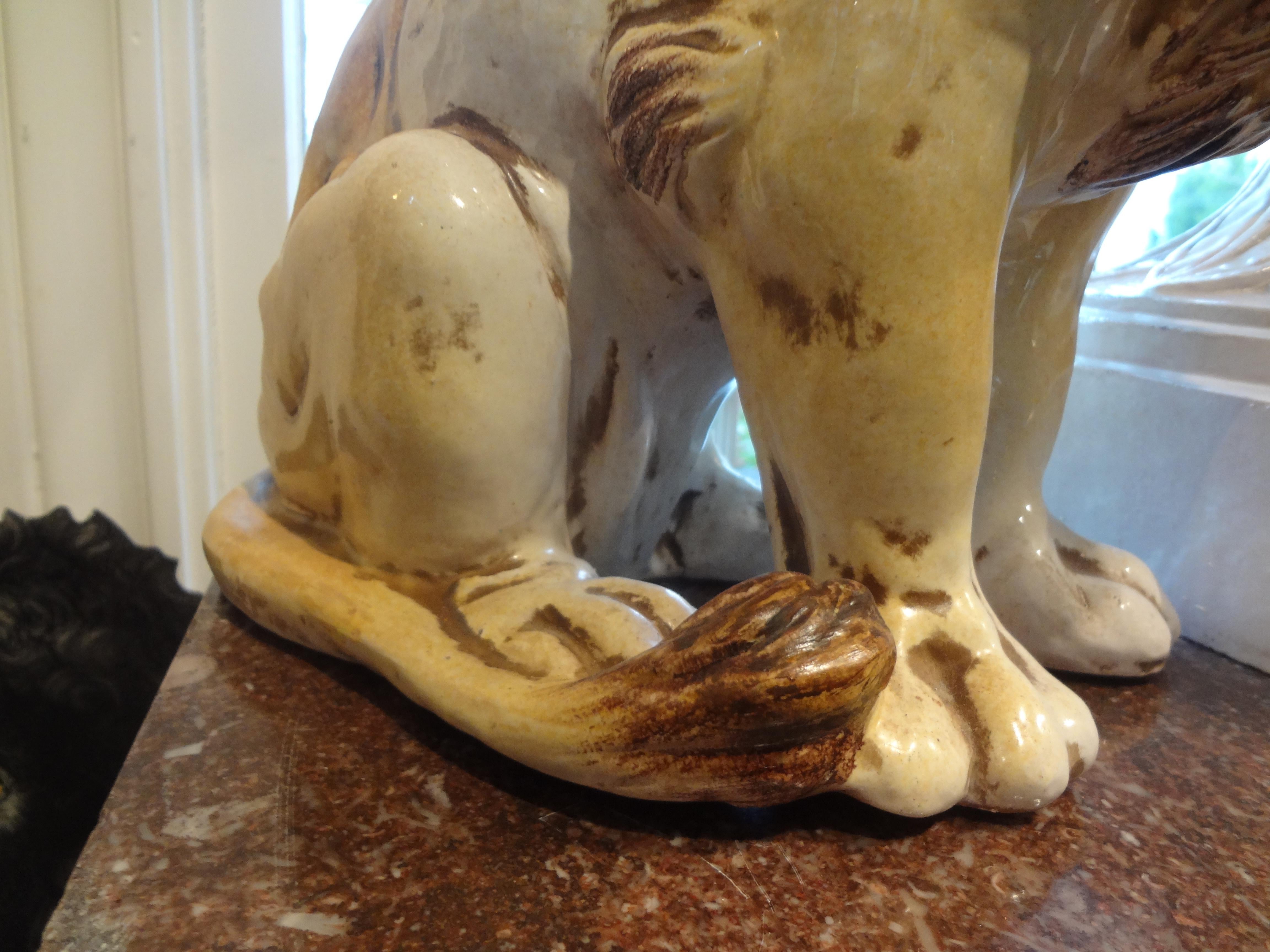 Mid-20th Century Hollywood Regency Italian Glazed Terracotta Lion For Sale