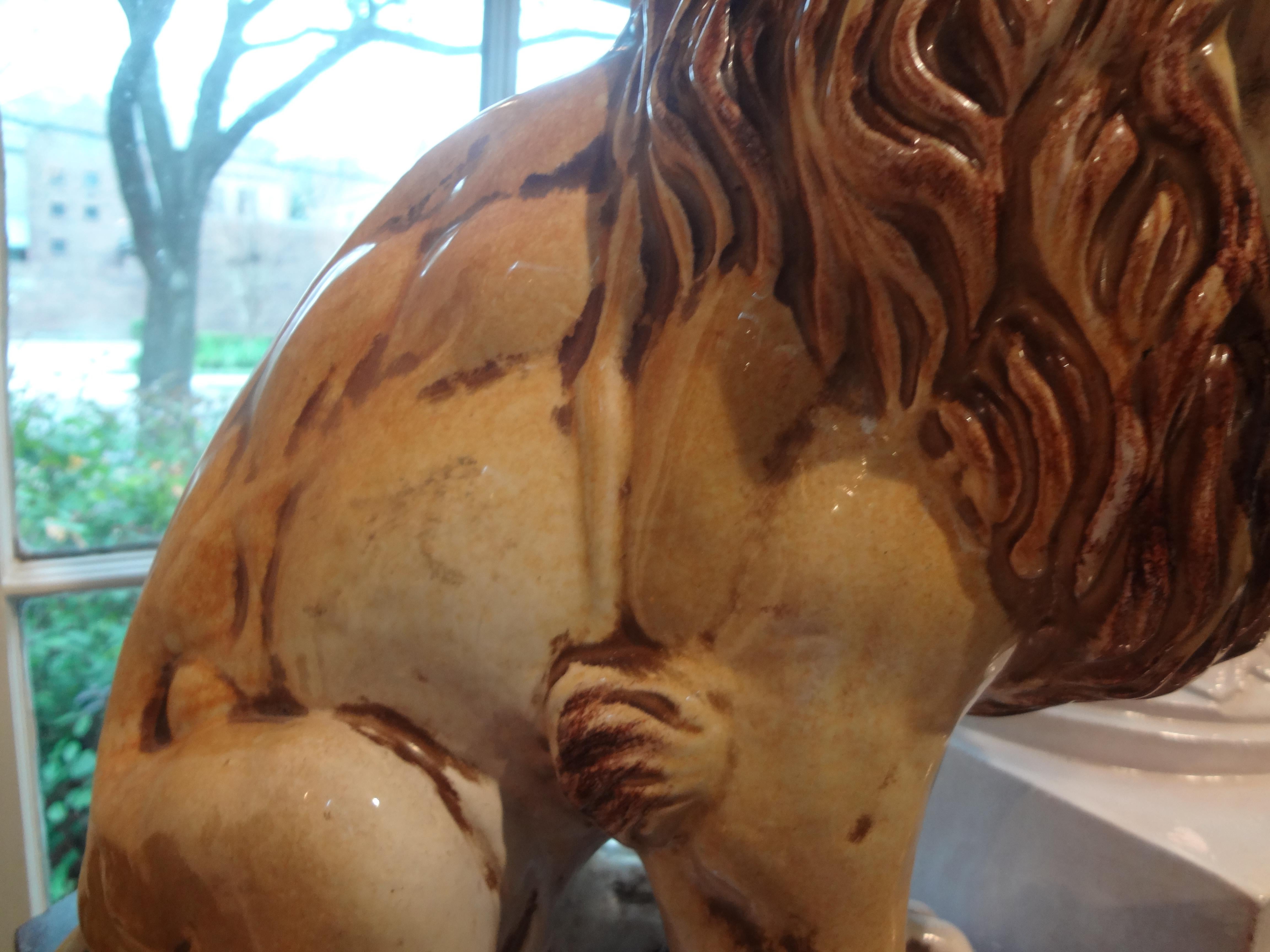 Hollywood Regency Italian Glazed Terracotta Lion For Sale 1