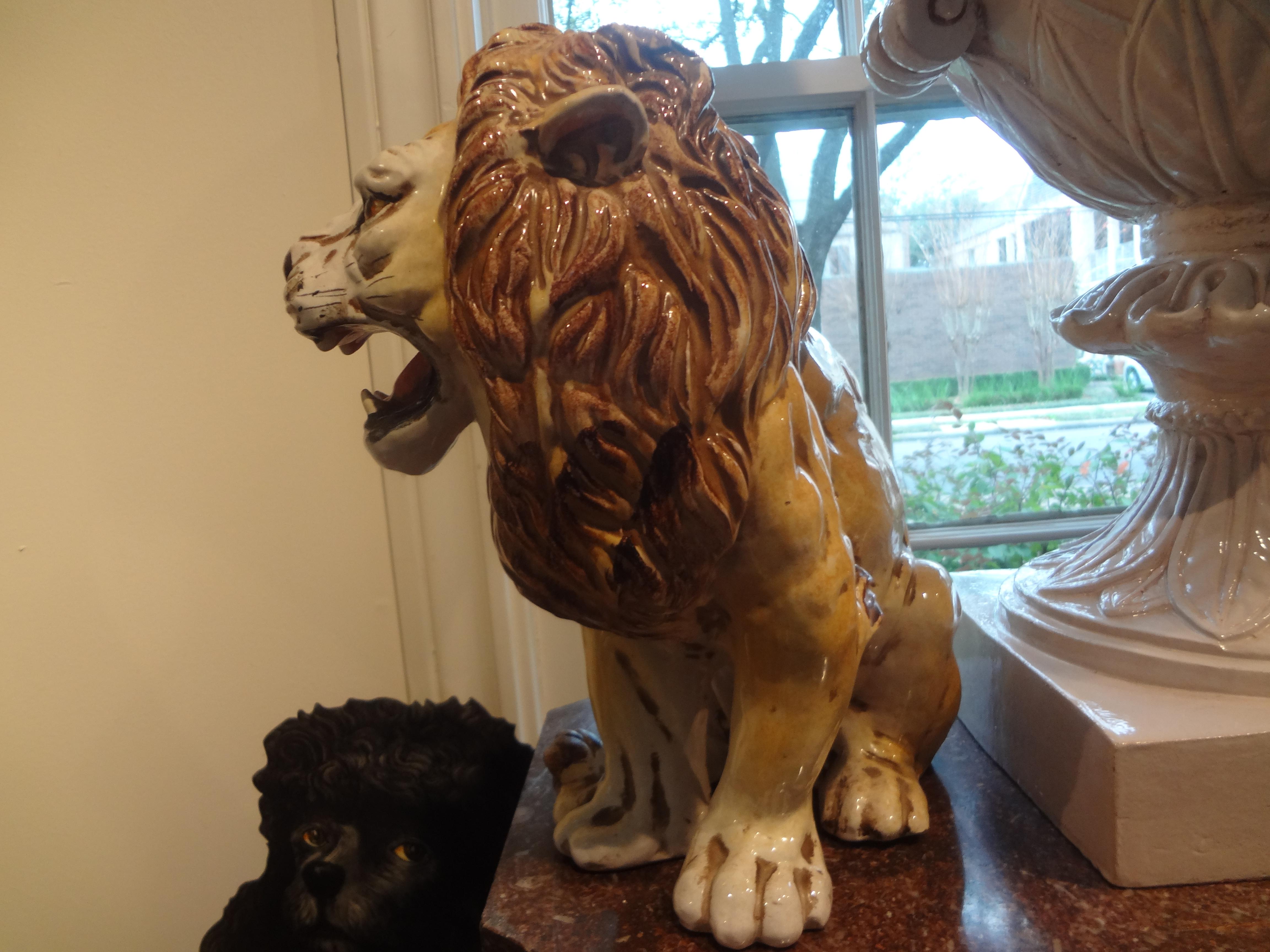 Hollywood Regency Italian Glazed Terracotta Lion For Sale 2