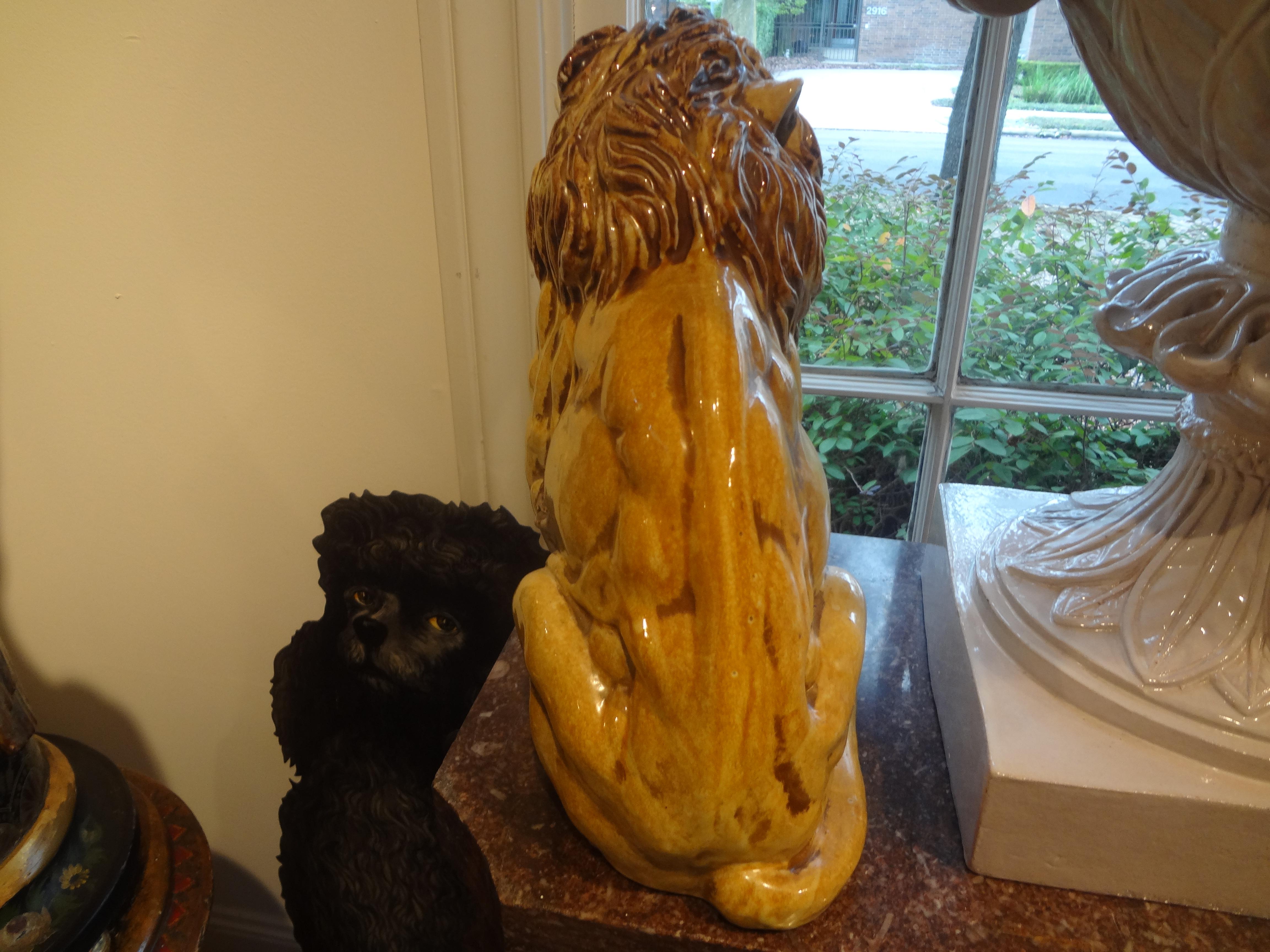Hollywood Regency Italian Glazed Terracotta Lion For Sale 3