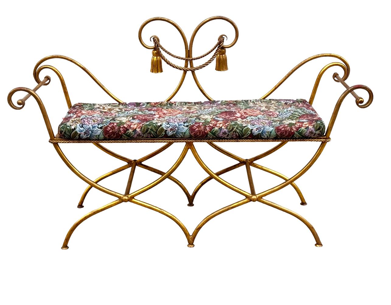 A vintage gold gilt rope and tassel motif bench. A versatile and decorative piece to use in any room of the house. Heavy vintage Italian. 