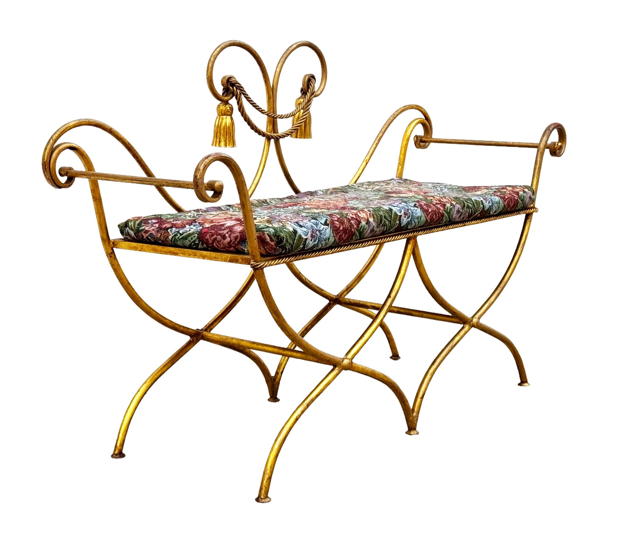 Hollywood Regency Italian Gold Gilded Rope and Tassel Settee Bench In Good Condition In Philadelphia, PA