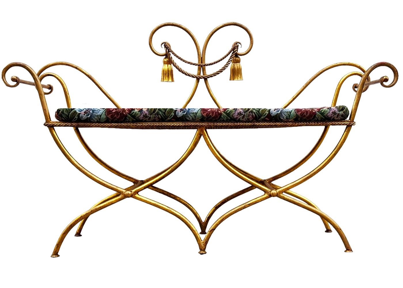 Metal Hollywood Regency Italian Gold Gilded Rope and Tassel Settee Bench