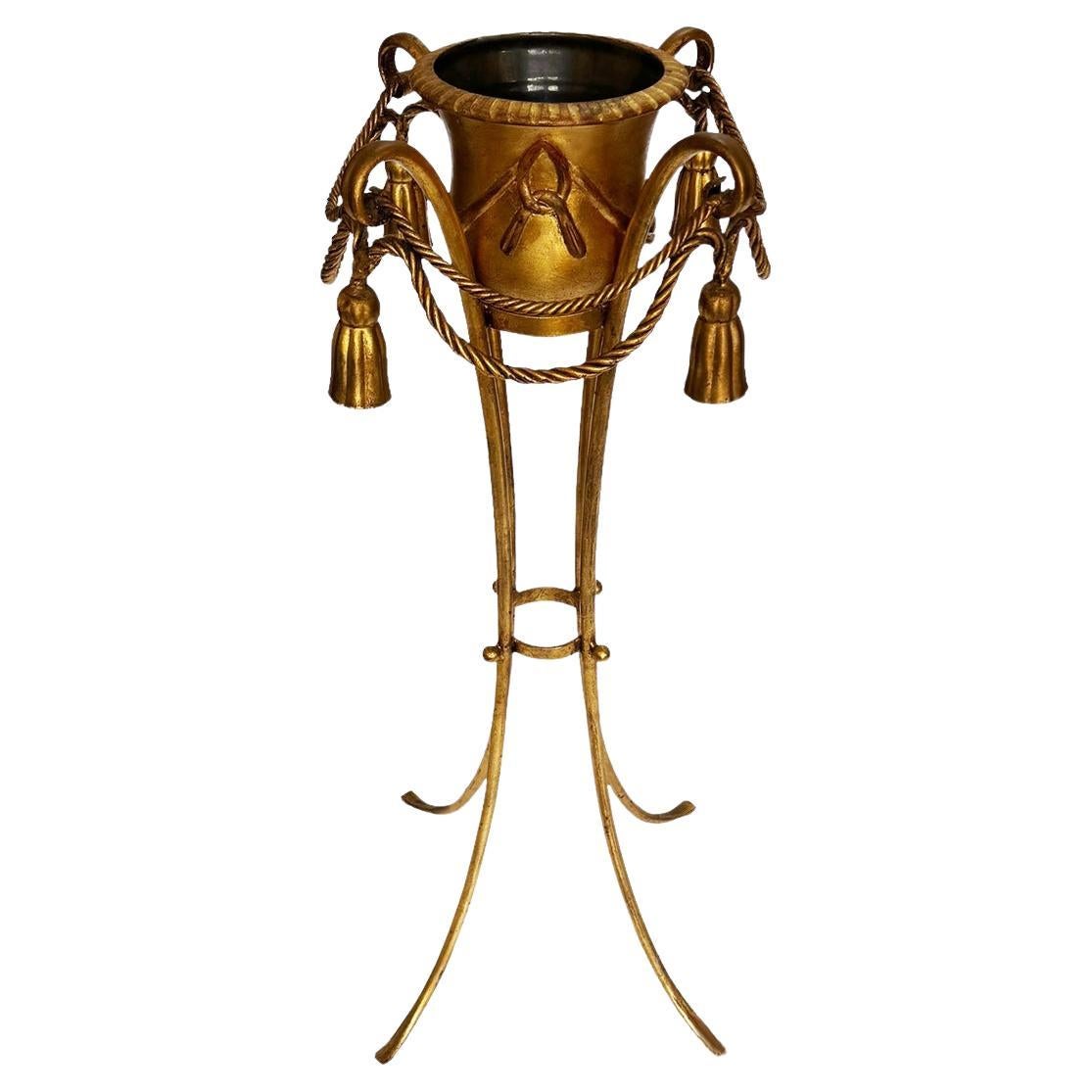 Hollywood Regency Italian Gold Gilded Rope and Tassel Tall Planter Flower Pot