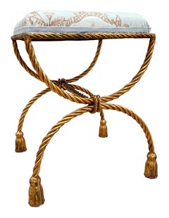 Hollywood Regency Italian Gold Gilded Twisted Rope and Tassel Bench or Ottoman