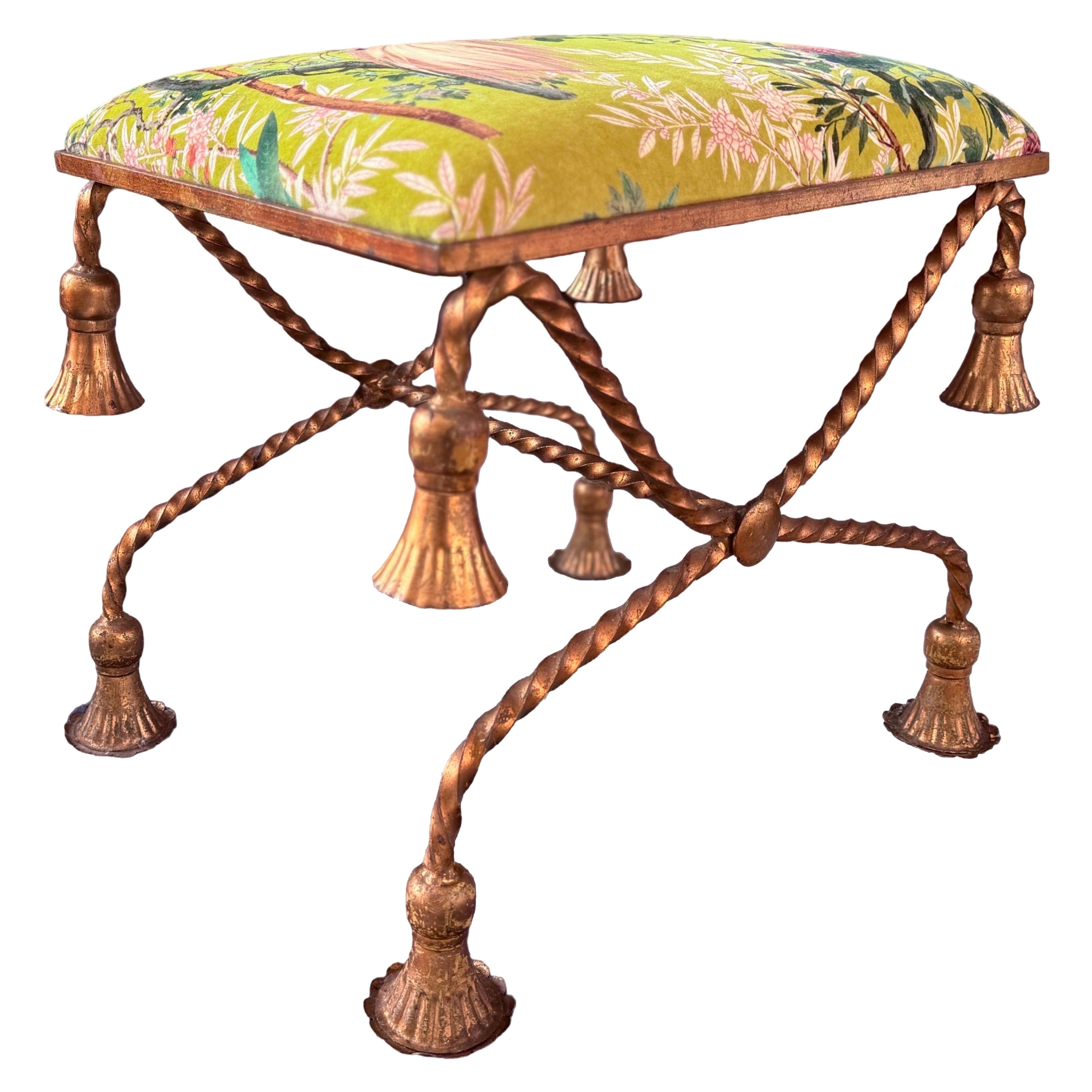 Hollywood Regency Italian Gold Gilded Twisted Rope and Tassel Bench or Ottoman