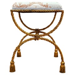Hollywood Regency Italian Gold Gilded Twisted Rope and Tassel Bench or Ottoman