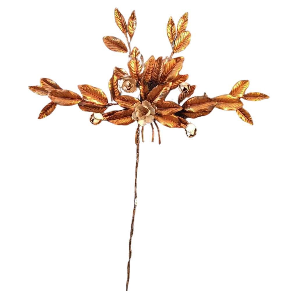 Hollywood Regency Italian Gold Gilt Leaves Toleware Sconce with White Flowers For Sale