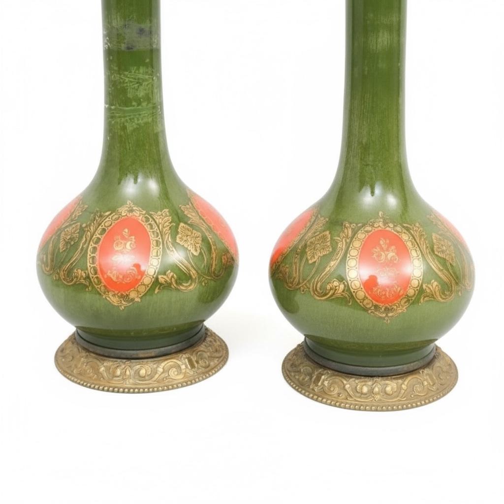 Lámparas de Sobremesa Eglomise Hollywood Regency Italianas Verdes y Doradas - Pareja Regencia de Hollywood en venta