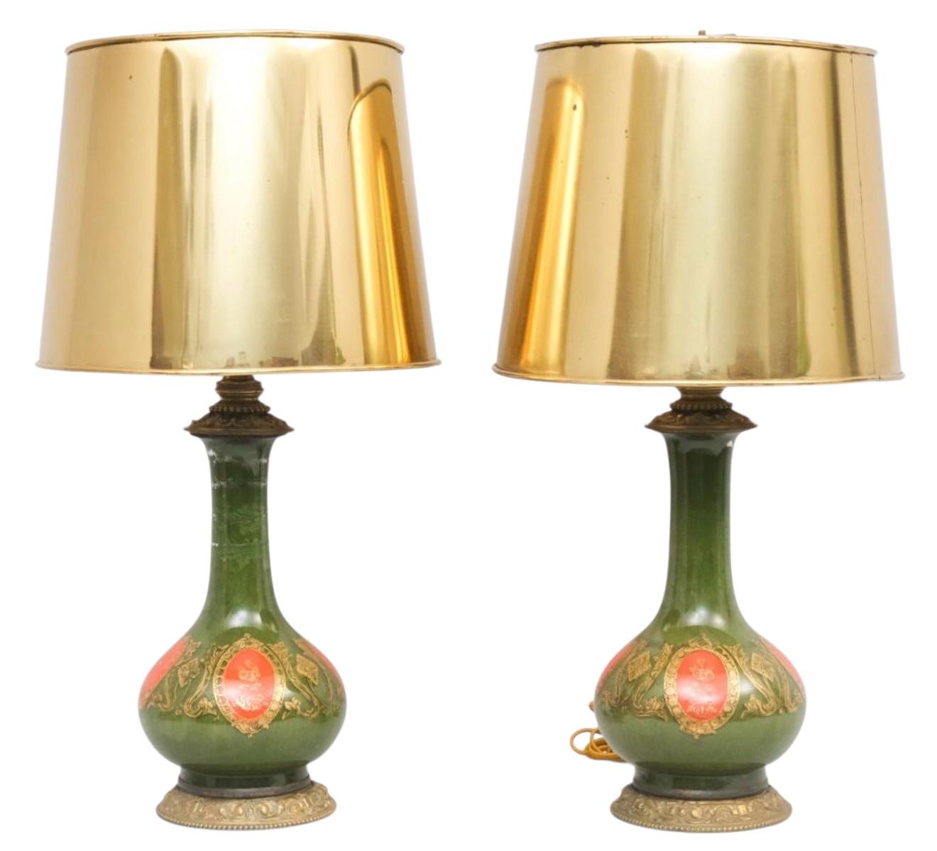 Lámparas de Sobremesa Eglomise Hollywood Regency Italianas Verdes y Doradas - Pareja Italiano en venta