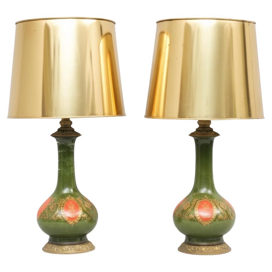 Lámparas de Sobremesa Eglomise Hollywood Regency Italianas Verdes y Doradas - Pareja en venta