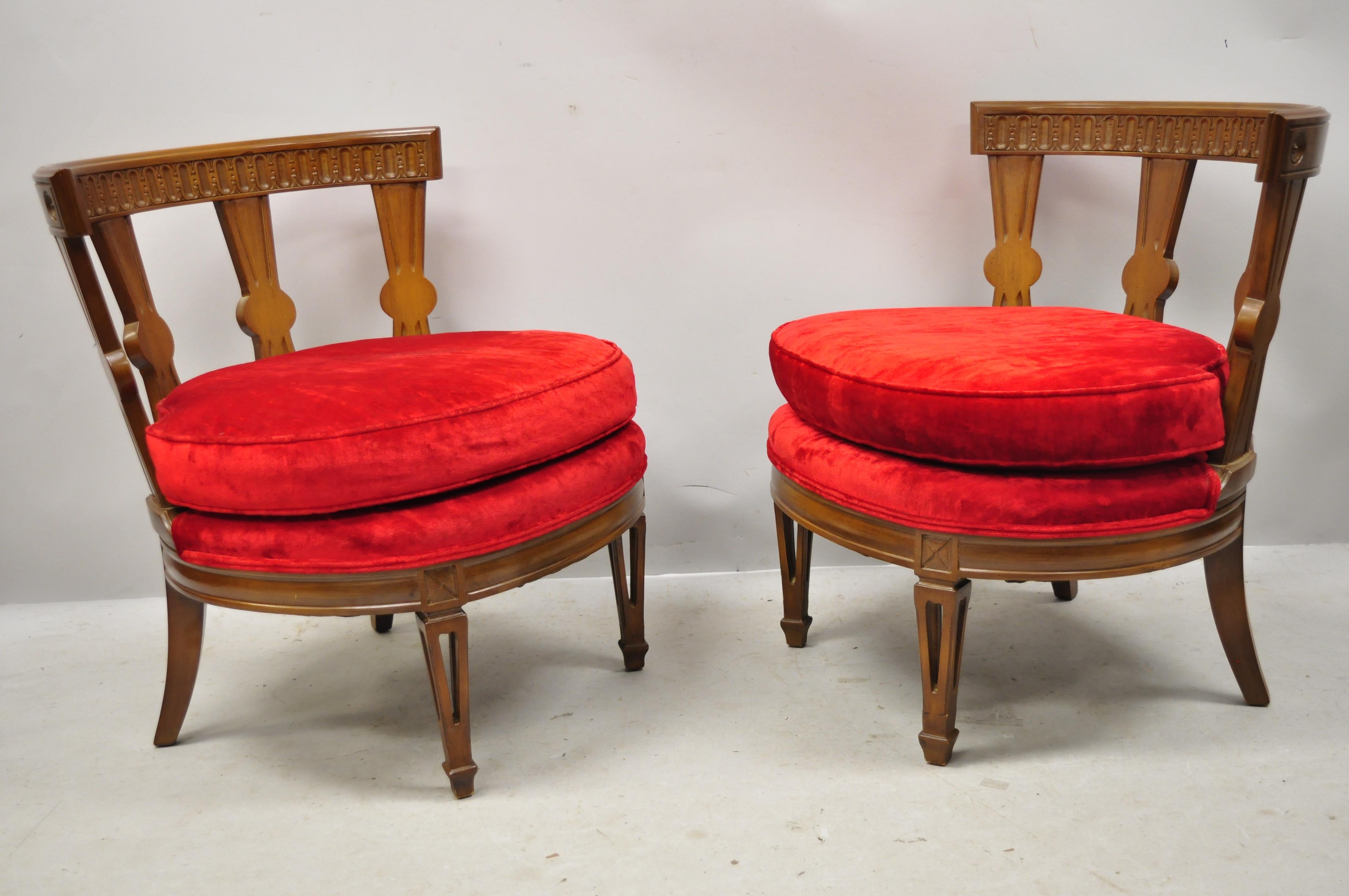 Hollywood Regency Italian Low Barrel Back Red Slipper Lounge Chairs - a Pair. Item features low wide tub seat frame, original crushed velvet red fabric, carved through legs, sleek barrel back, solid wood frame, original label, very nice vintage
