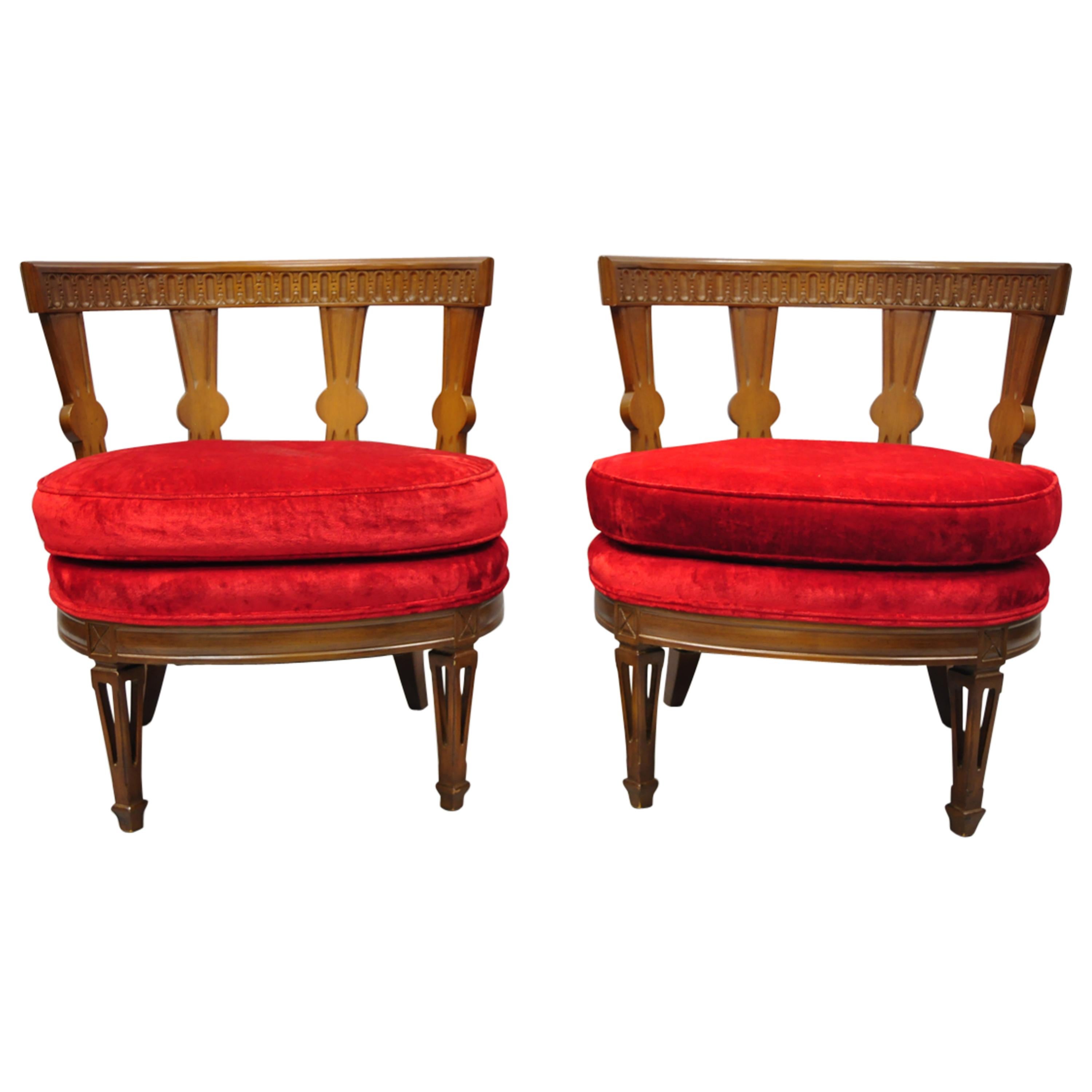  Hollywood Regency Italian Low Barrel Back Red Slipper Lounge Chairs - a Pair
