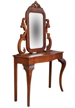 Hollywood Regency Italian Mahogany Console Table or Vanity with Wall Mirror