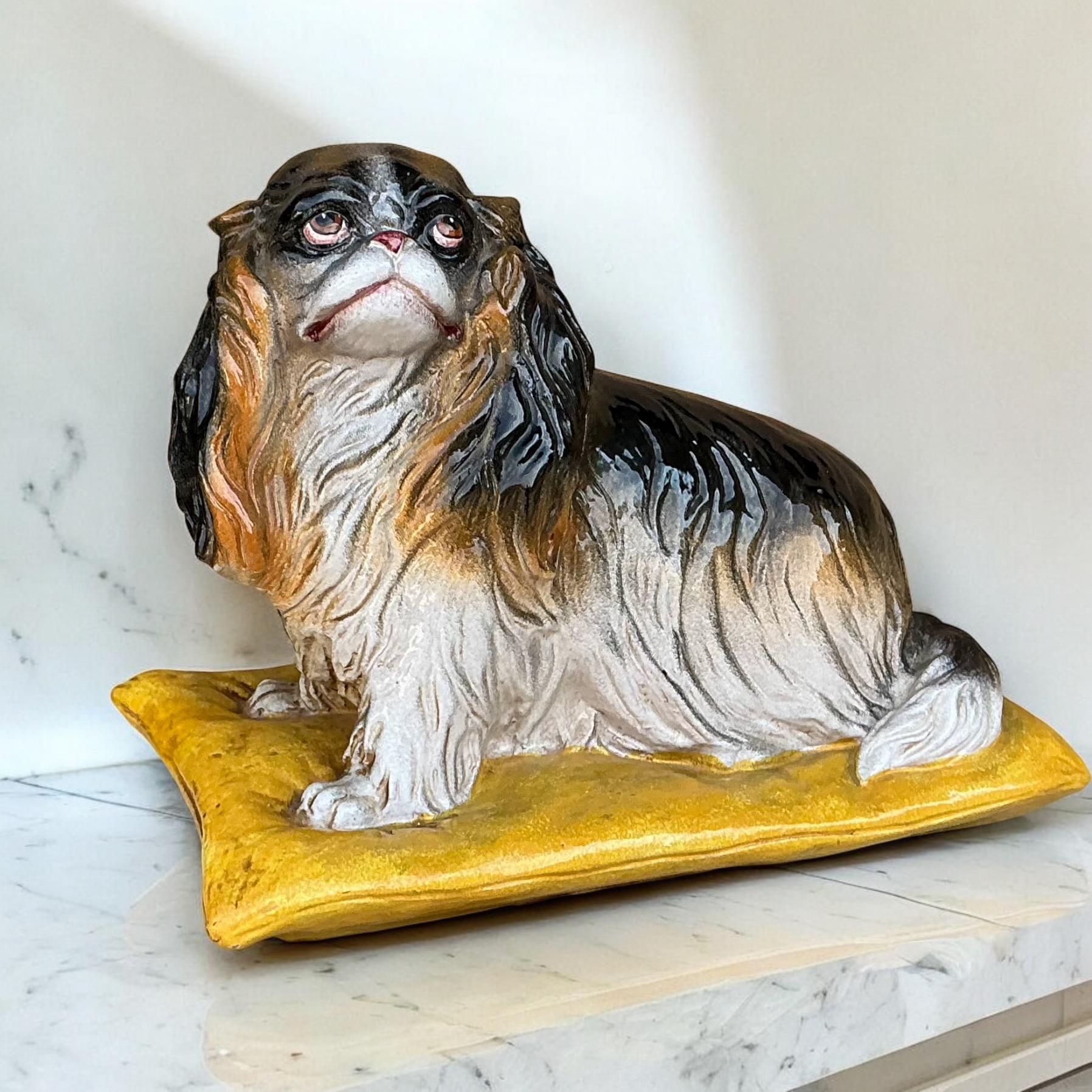 Hollywood Regency Italian  Majolica Terracotta Spaniel Dog On Pillow For Sale 1