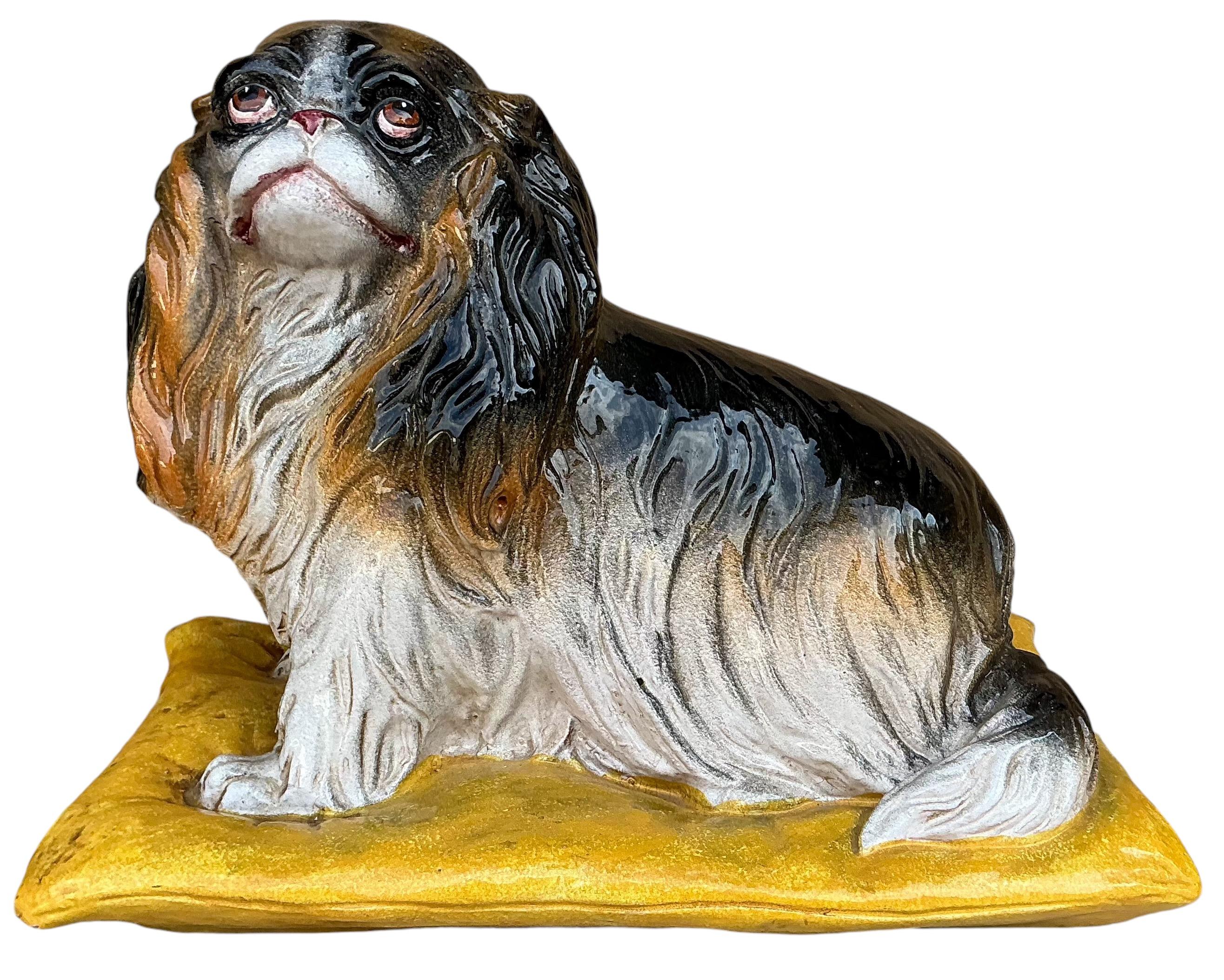Hollywood Regency Italian  Majolica Terracotta Spaniel Dog On Pillow For Sale 2