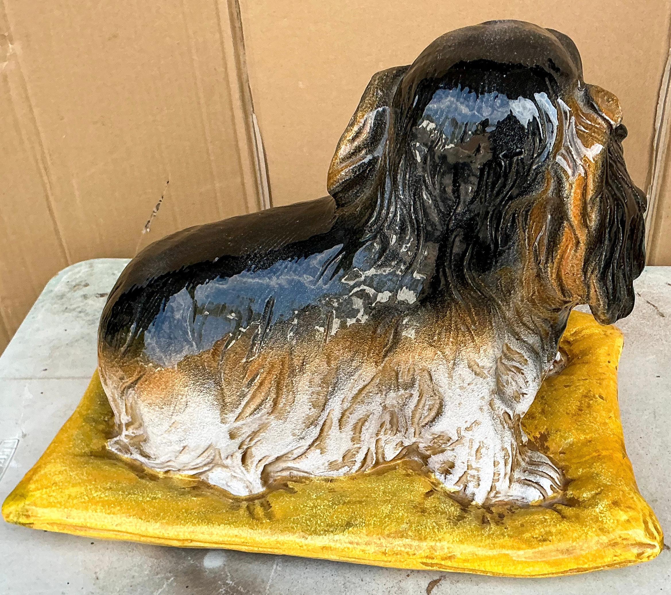 Hollywood Regency Italian  Majolica Terracotta Spaniel Dog On Pillow For Sale 3