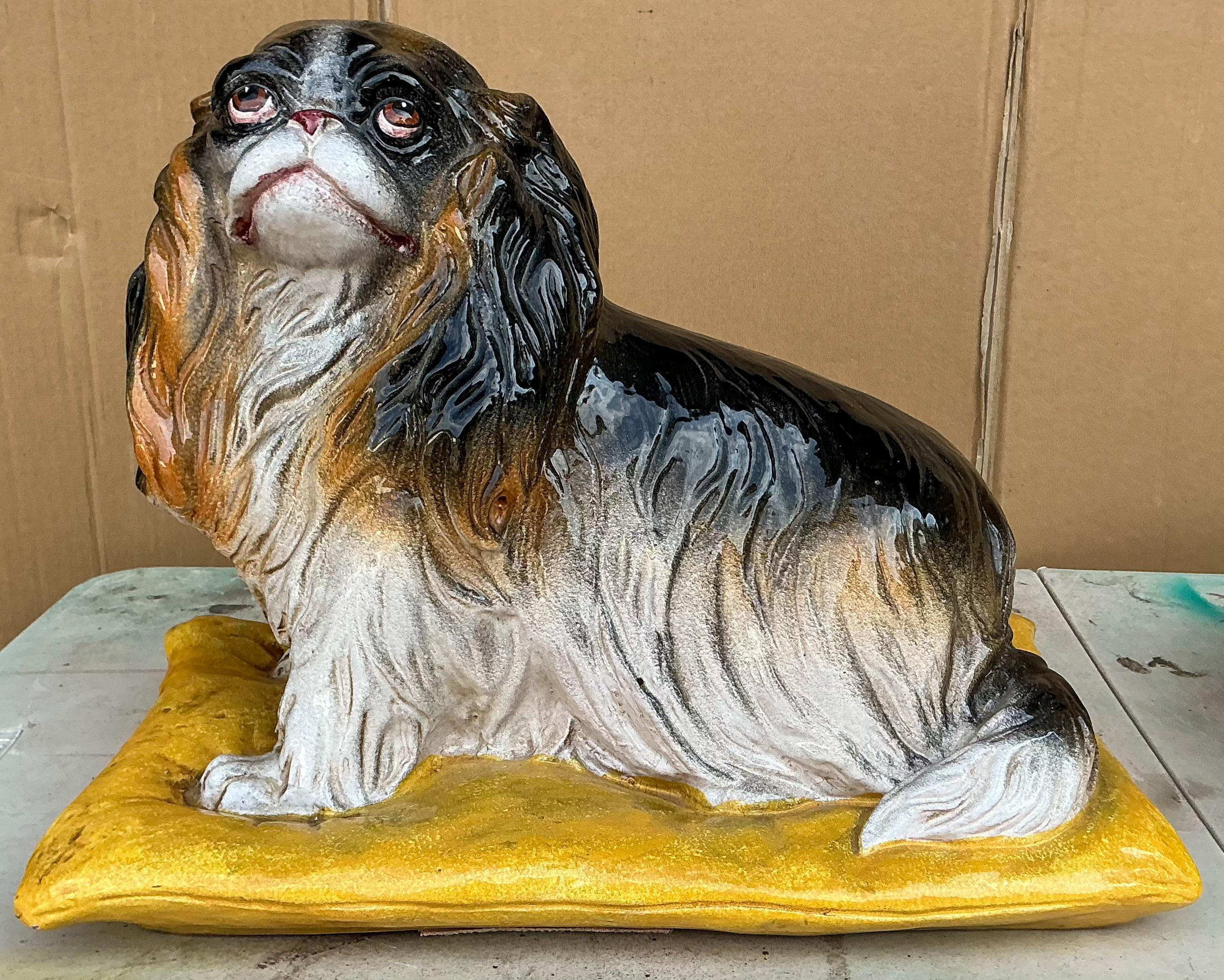 Hollywood Regency Italian  Majolica Terracotta Spaniel Dog On Pillow For Sale 4