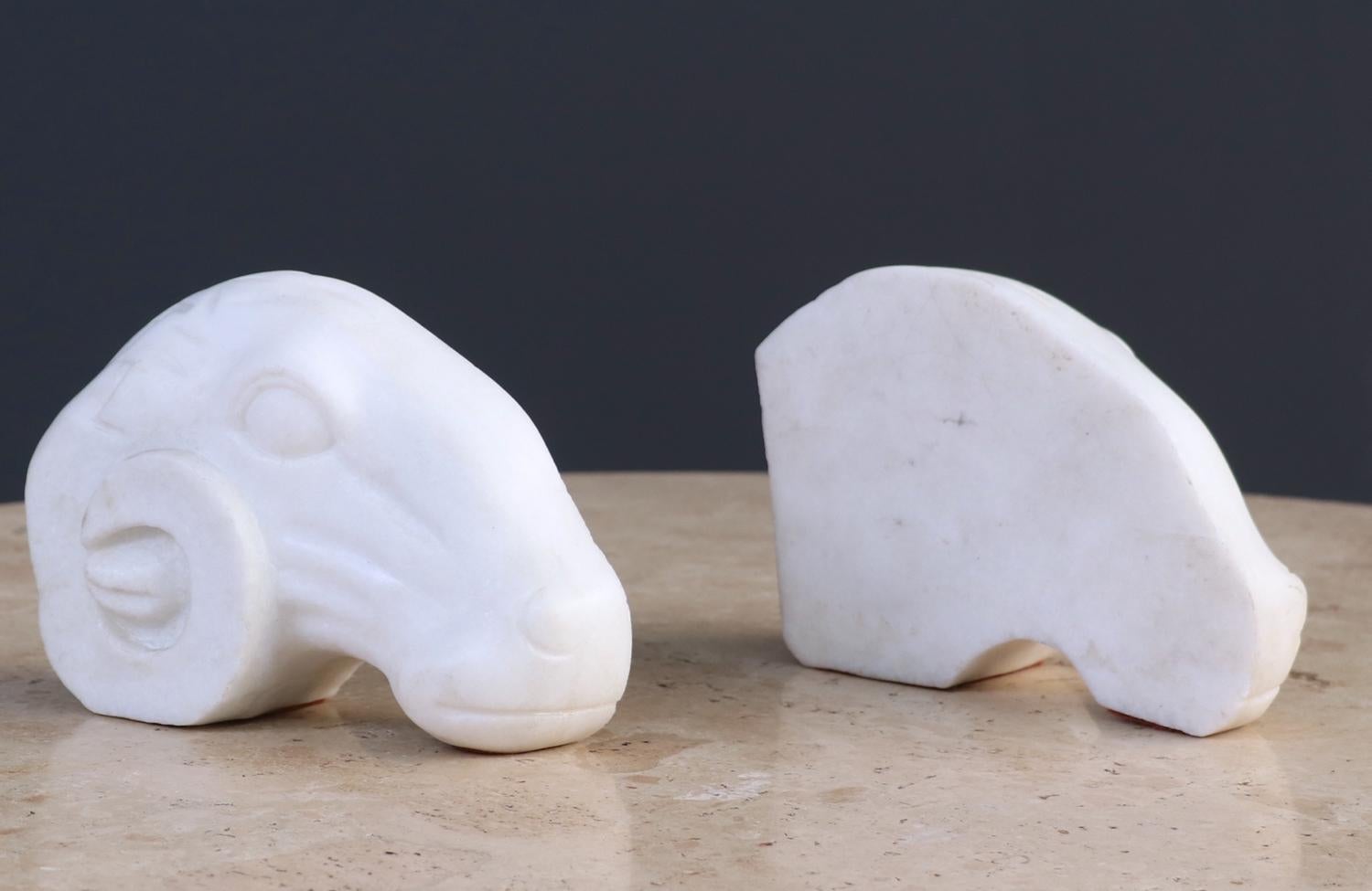 Late 20th Century Hollywood Regency Italian Marble Ram Head Bookends For Sale