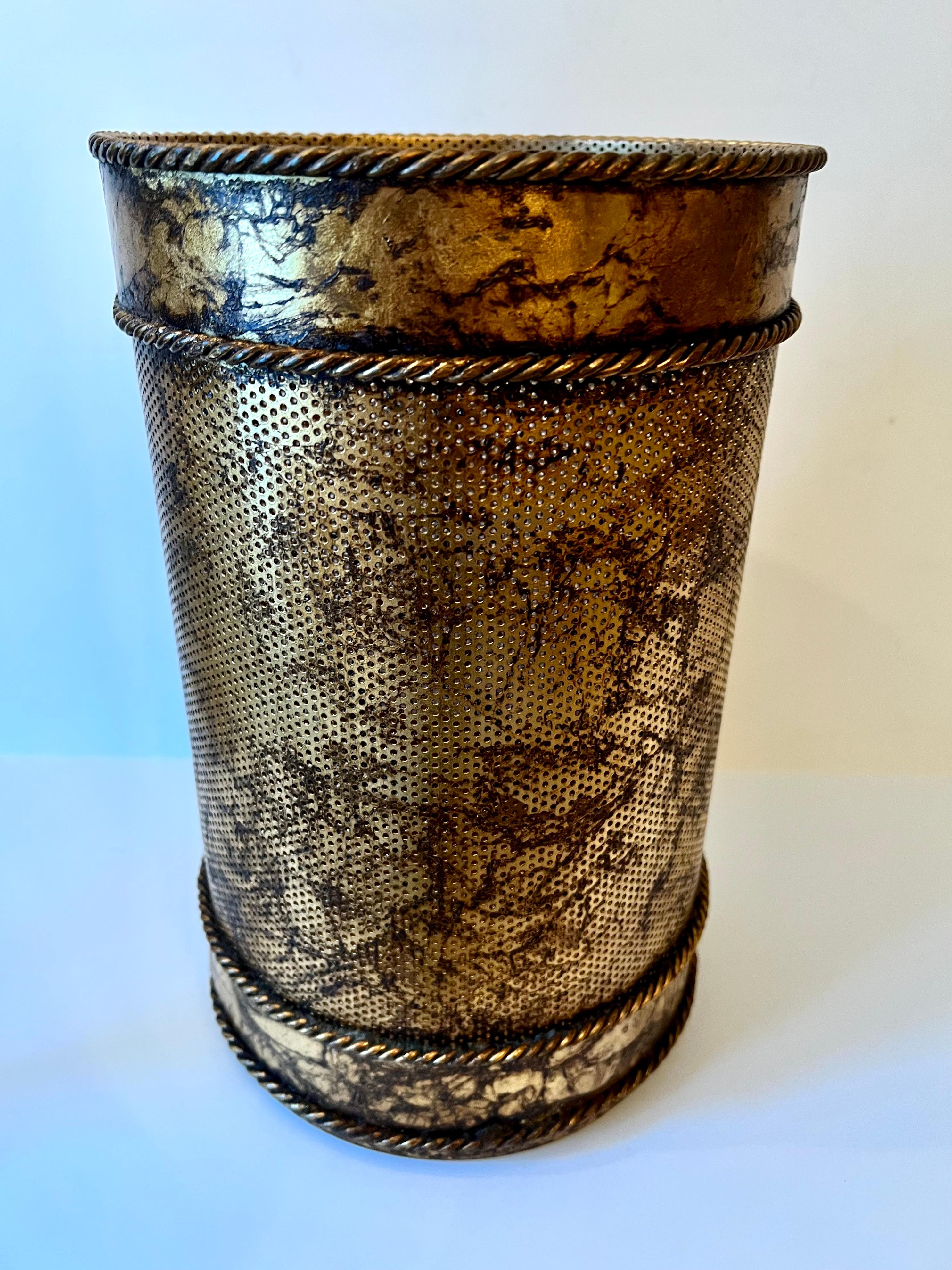 Patinated Hollywood Regency Italian Metal Gold Leaf Waste Bin or Basket