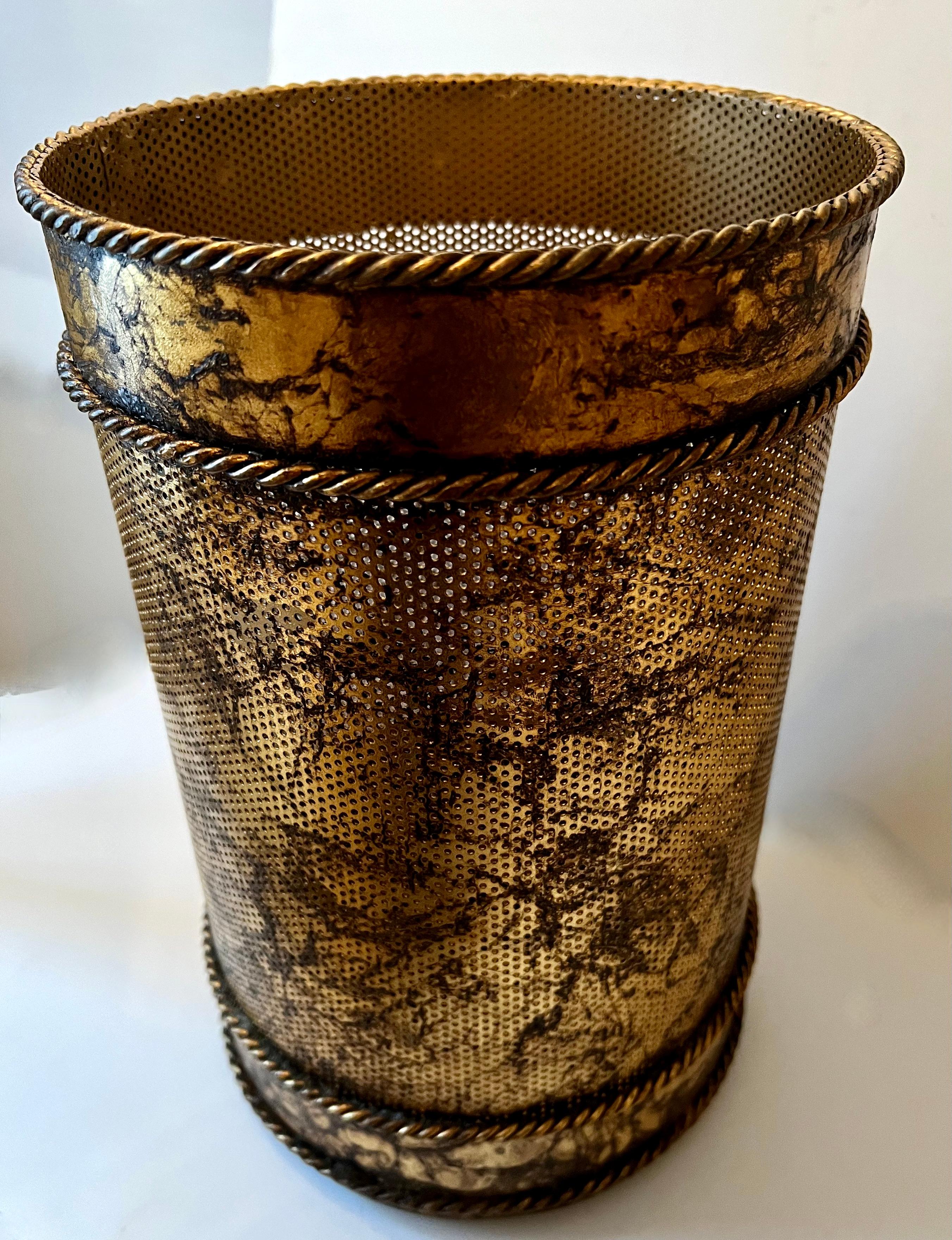 Hollywood Regency Italian Metal Gold Leaf Waste Bin or Basket 1