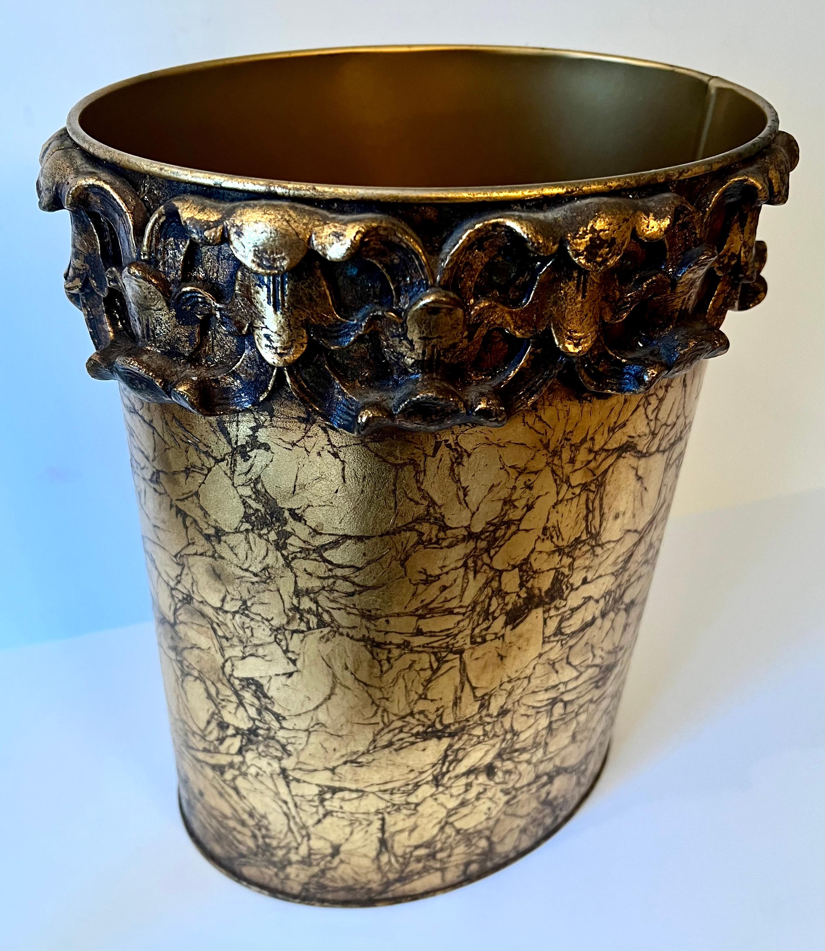 Hollywood Regency Italian Metal Gold Leaf Waste Bin or Basket with Floral Band In Good Condition For Sale In Los Angeles, CA