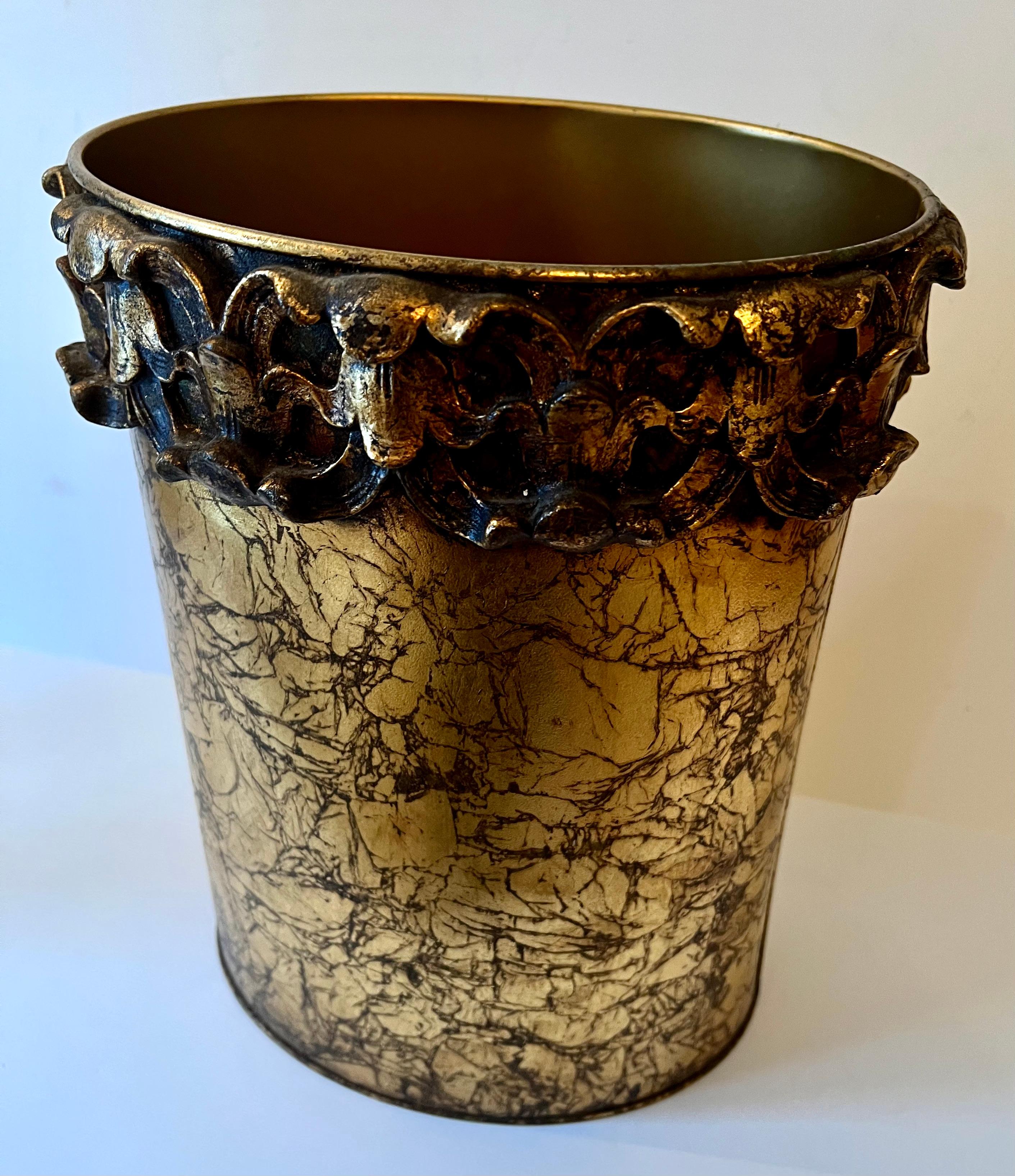 20th Century Hollywood Regency Italian Metal Gold Leaf Waste Bin or Basket with Floral Band For Sale