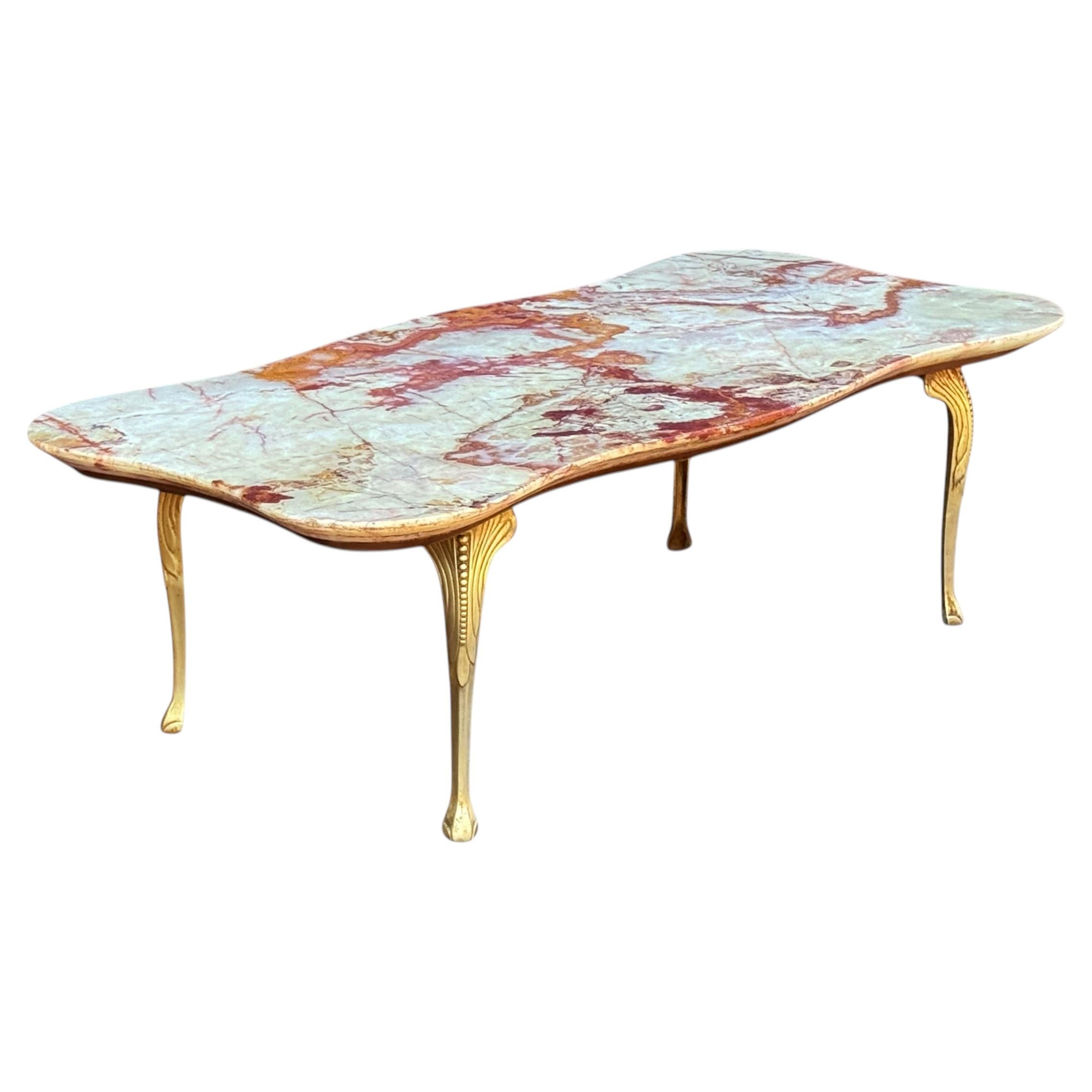 Hollywood Regency Italian Modern Rectangular Cocktail Table in Pink Rouge Marble For Sale