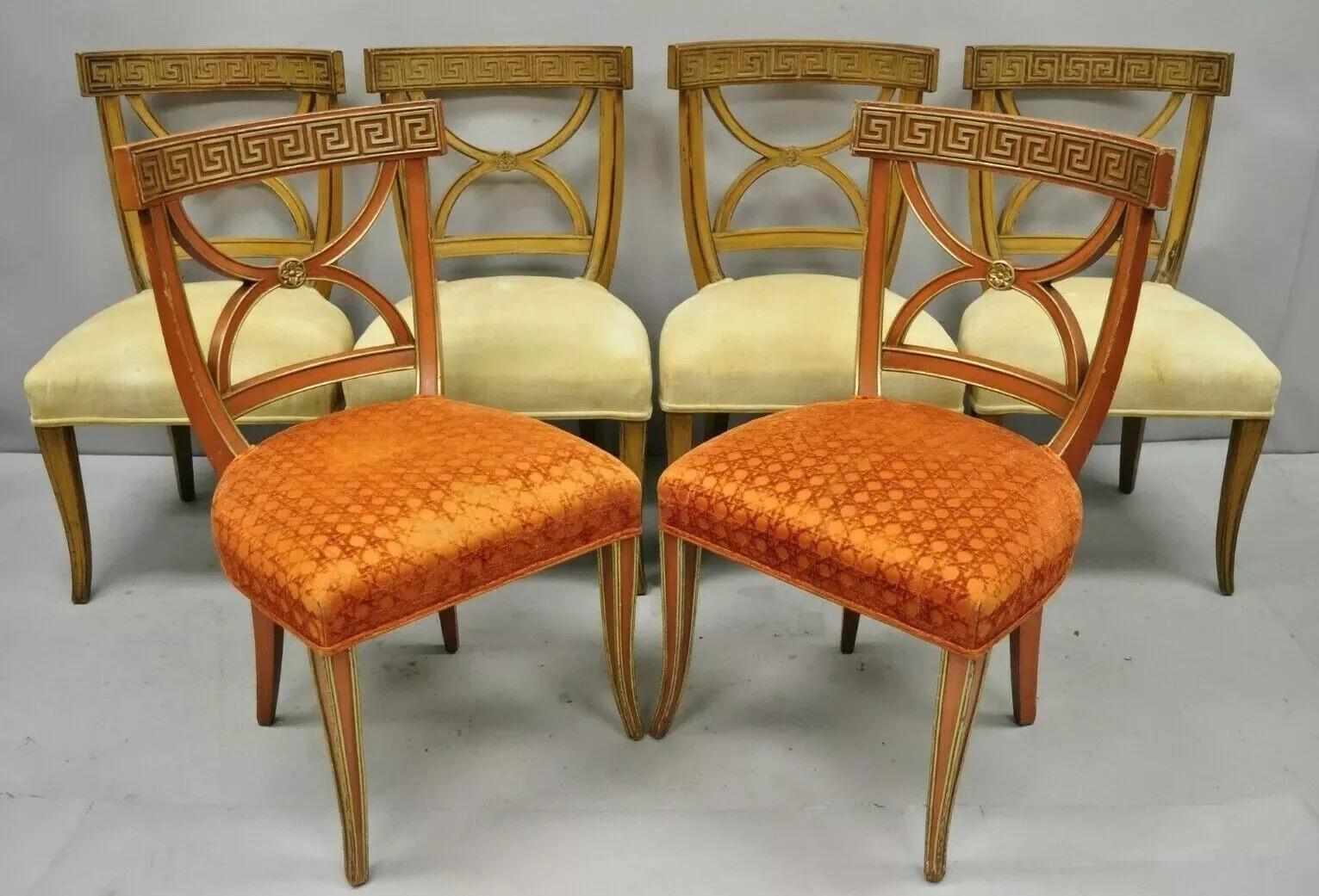 Hollywood Regency Italian Neoclassical Greek Key Painted Dining Chair - Set of 6 For Sale 6
