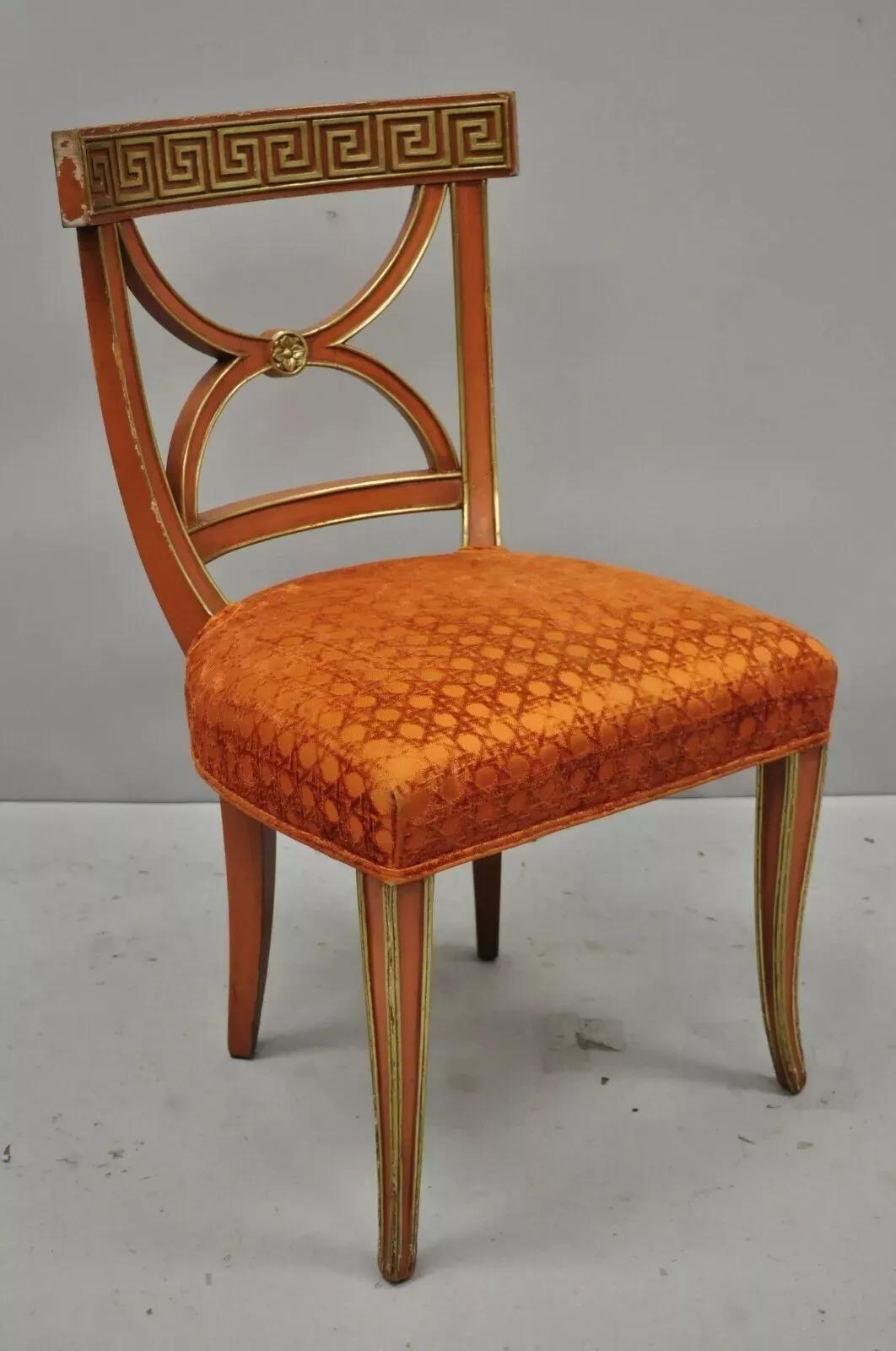 Vintage Hollywood Regency Italian Neoclassical Style Greek Key Painted Dining Chairs - Set of 6. Item features curved backs with carved Greek key top rail, distressed orange and gold .