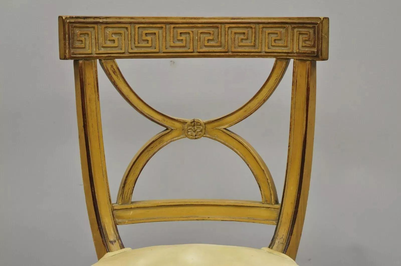 20th Century Hollywood Regency Italian Neoclassical Greek Key Painted Dining Chair - Set of 6 For Sale