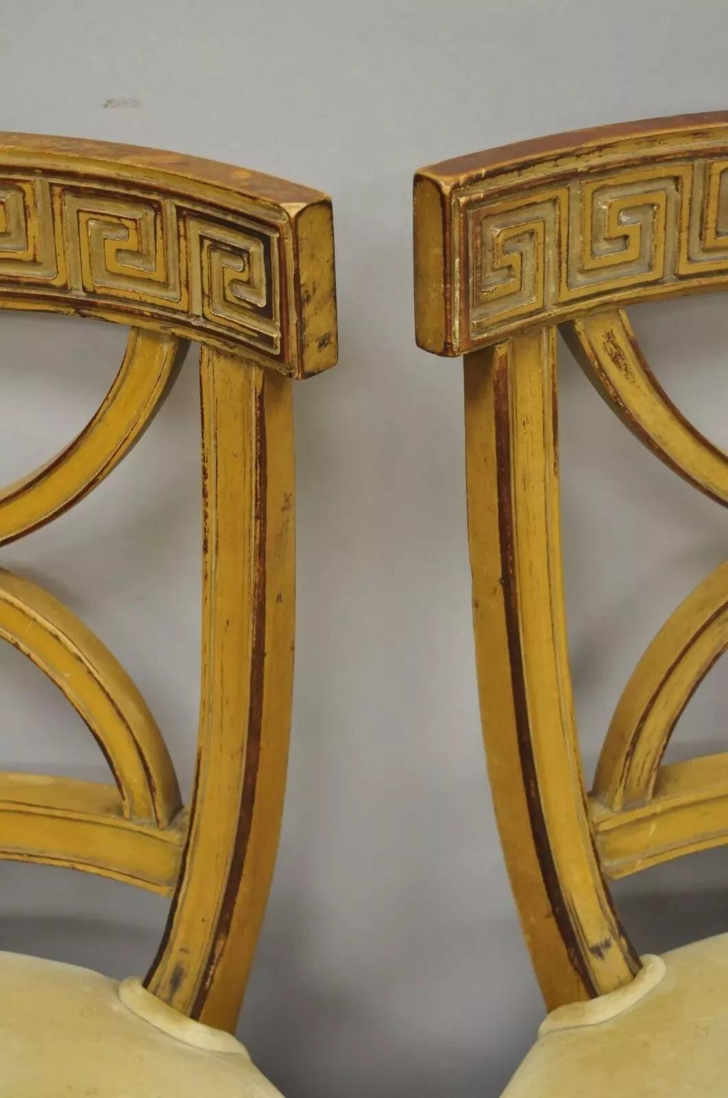 Fabric Hollywood Regency Italian Neoclassical Greek Key Painted Dining Chair - Set of 6 For Sale