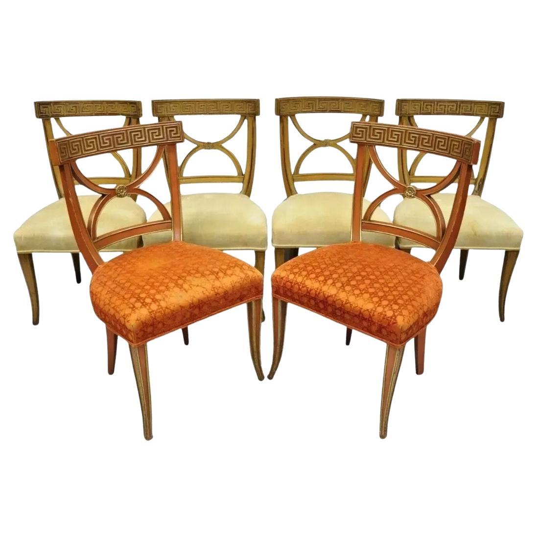 Hollywood Regency Italian Neoclassical Greek Key Painted Dining Chair - Set of 6
