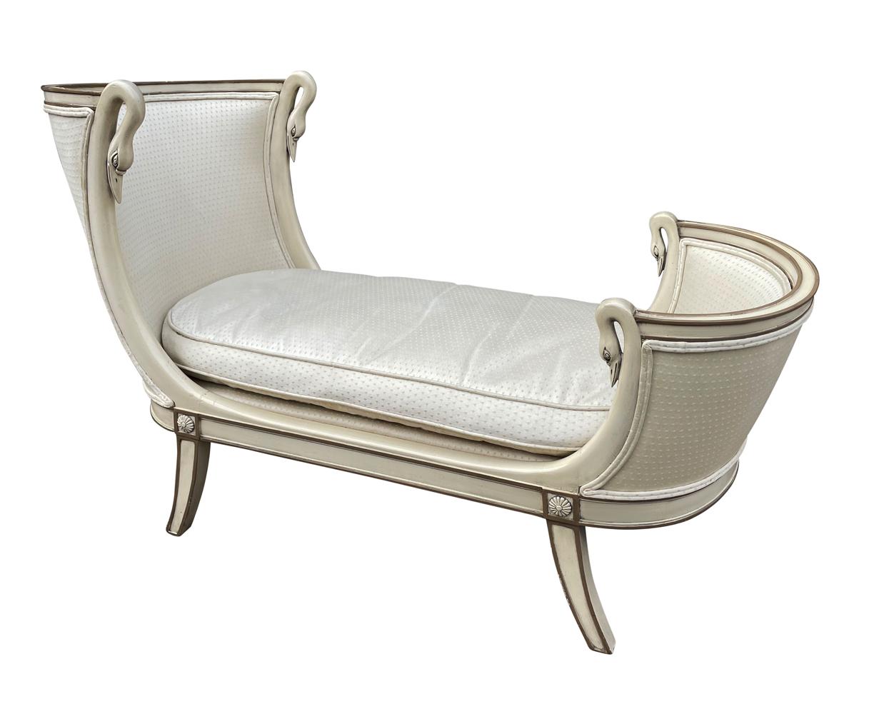 Hollywood Regency Italian Petite Chaise Lounge Chair in Cream with Swan Heads In Good Condition For Sale In Philadelphia, PA