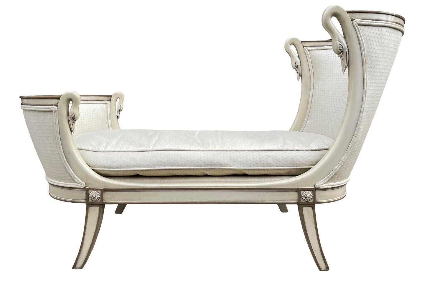 Fabric Hollywood Regency Italian Petite Chaise Lounge Chair in Cream with Swan Heads For Sale