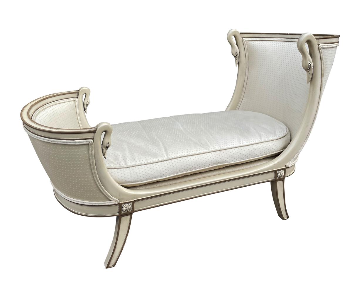 Hollywood Regency Italian Petite Chaise Lounge Chair in Cream with Swan Heads For Sale 2
