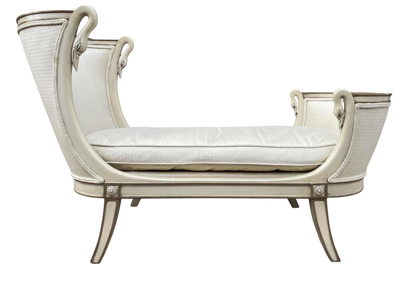 Hollywood Regency Italian Petite Chaise Lounge Chair in Cream with Swan Heads For Sale 3