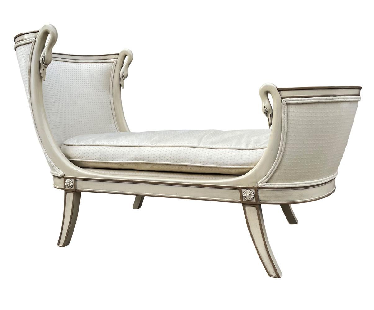 Hollywood Regency Italian Petite Chaise Lounge Chair in Cream with Swan Heads For Sale 4