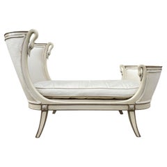 Hollywood Regency Italian Petite Chaise Lounge Chair in Cream with Swan Heads